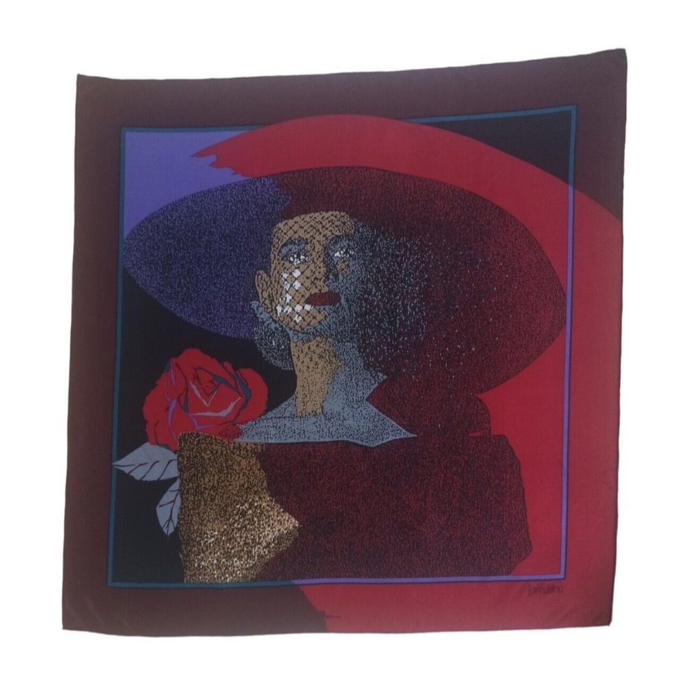 LOREDANO Red Lady Face Silk Scarf 31.5"/ 30.5” EC